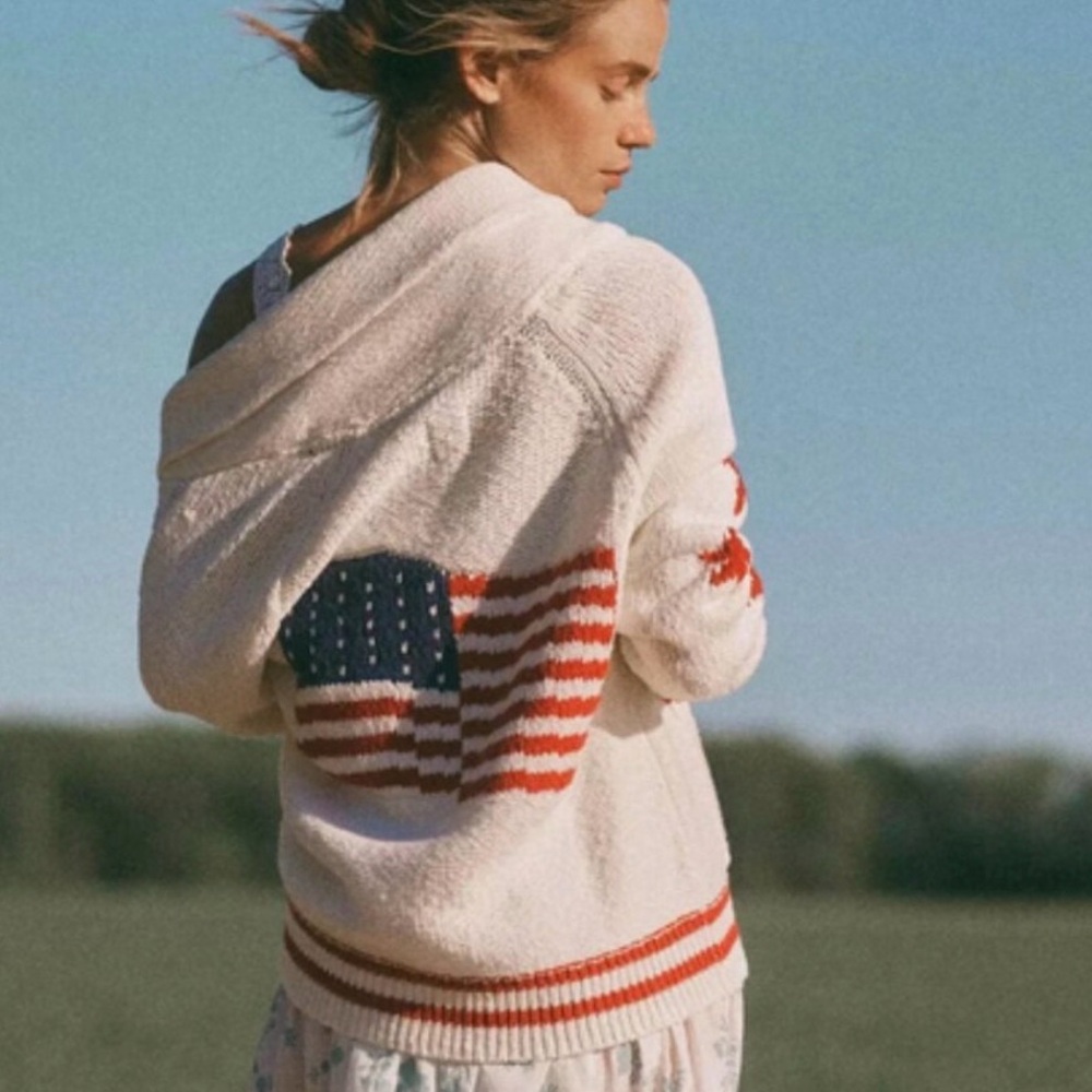 Anthropologie Maeve American Flag USA Chunky Knit Cardigan Sweater XL NEW